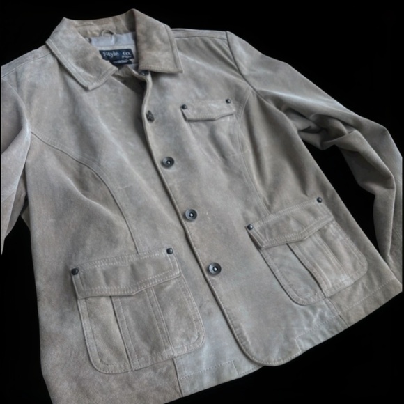 Authentic Y2K Style & Co Petite Genuine Suede Jacket Taupe Beige L - Picture 4 of 7